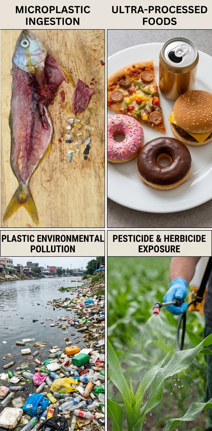 Four food harms: microplastic ingestion, ultra-processed foods, plastic pollution, and pesticide exposure